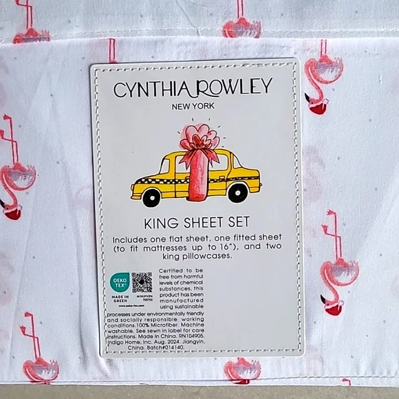 ☃️NWT☃️ Cynthia Rowley Christmas Flamingo & Santa Hat King Sheet Set - Picture 3 of 4